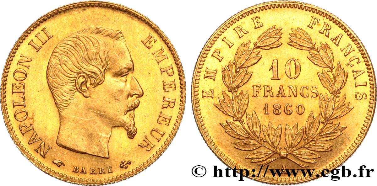 10 francs or Napoléon III, tête nue 1860 Paris F.506/9 MS62 