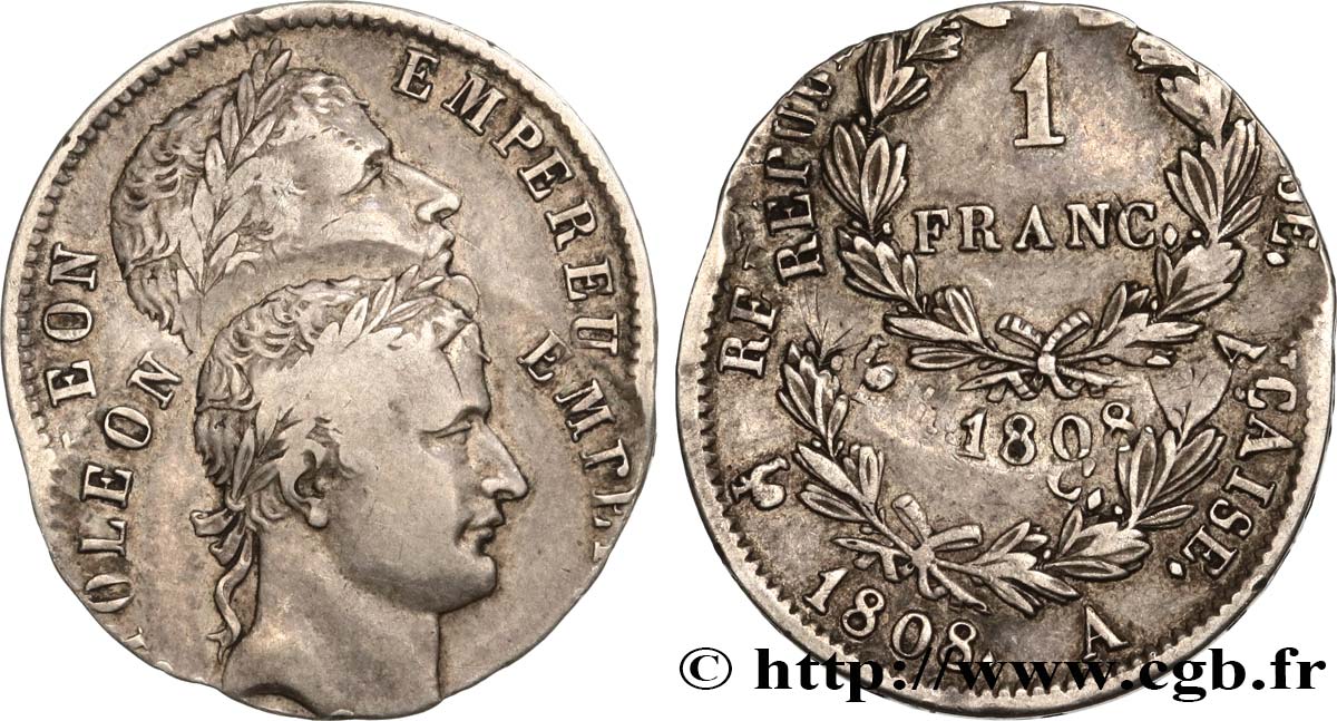 1 franc Napoléon Ier tête laurée, République française, DOUBLE FRAPPE 1808 Paris F.204/2 var. MBC 