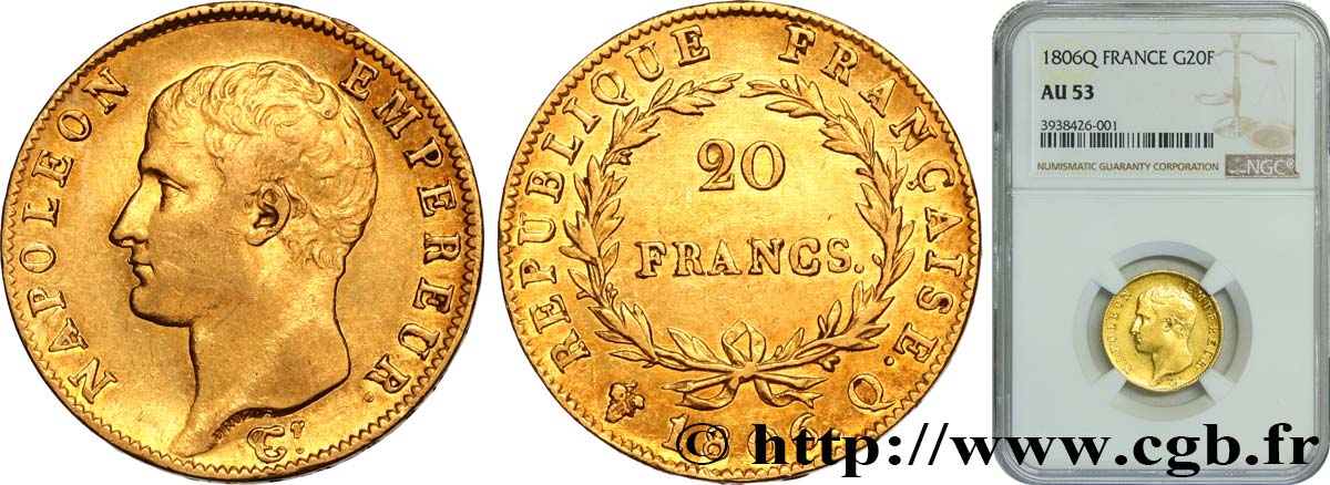 20 francs or Napoléon tête nue, Calendrier grégorien 1806 Perpignan F.513/3 BB53 NGC