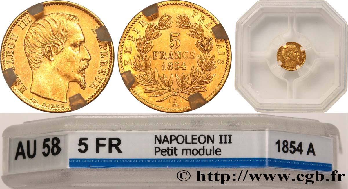 5 francs or Napoléon III, tête nue, petit module, tranche cannelée 1854 Paris F.500A/1 AU58 GENI