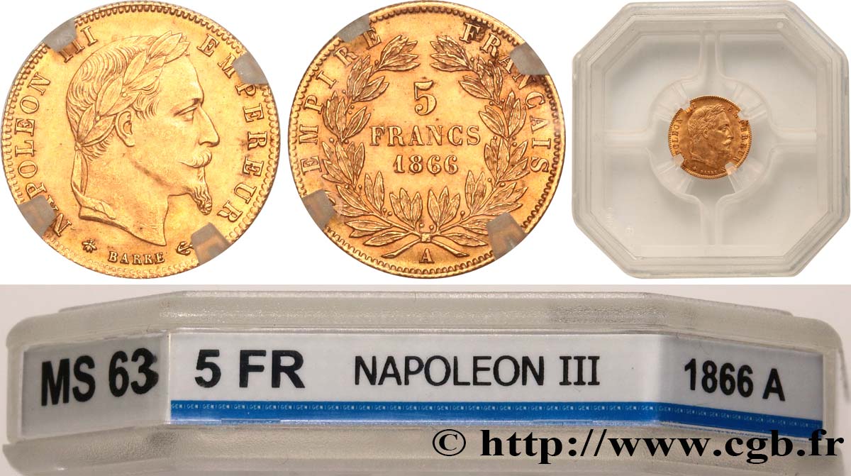 5 francs or Napoléon III, tête laurée 1866 Paris F.502/9 SPL63 GENI
