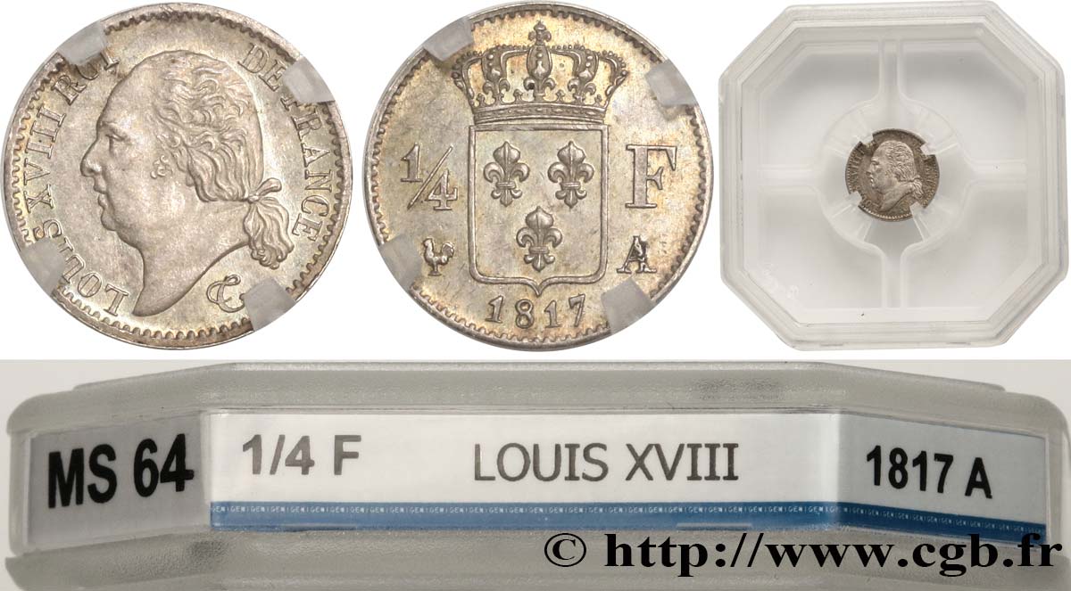 1/4 franc Louis XVIII  1817 Paris F.163/1 MS64 GENI