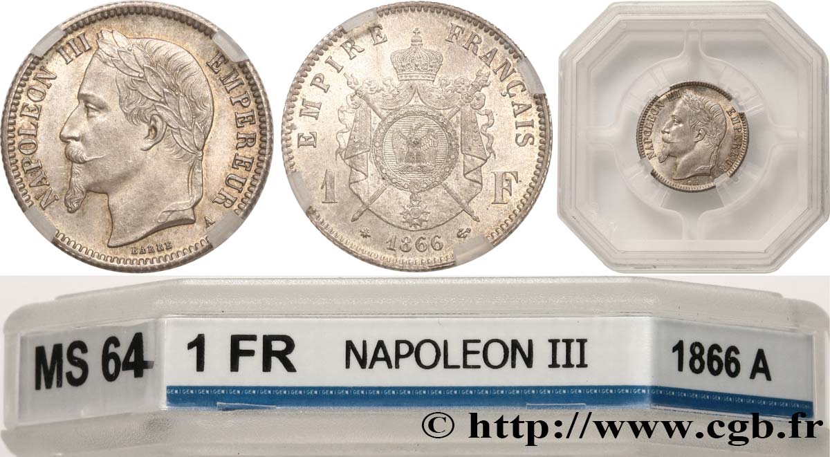 1 franc Napoléon III, tête laurée 1866 Paris F.215/3 fST64 GENI