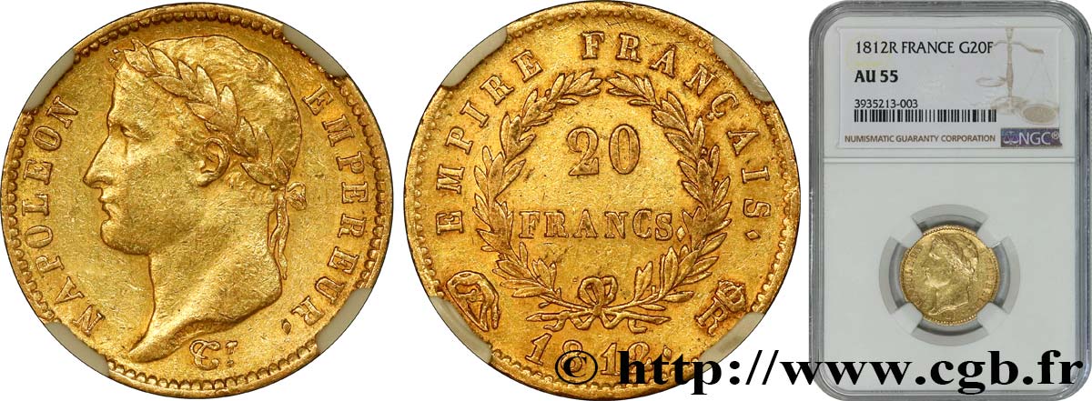 20 francs or Napoléon tête laurée, Empire français 1812 Rome F.516/27 EBC55 NGC
