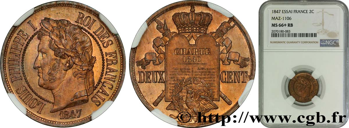 Essai de deux centimes à la Charte 1847 Paris VG.3004  MS66 NGC