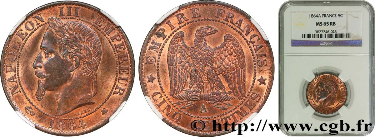 Cinq centimes Napoléon III, tête laurée 1864 Paris F.117/13 FDC65 NGC
