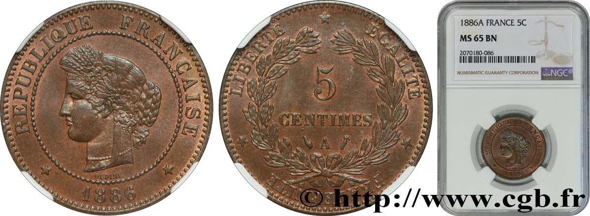5 centimes Cérès 1886 Paris F.118/28 MS65 NGC