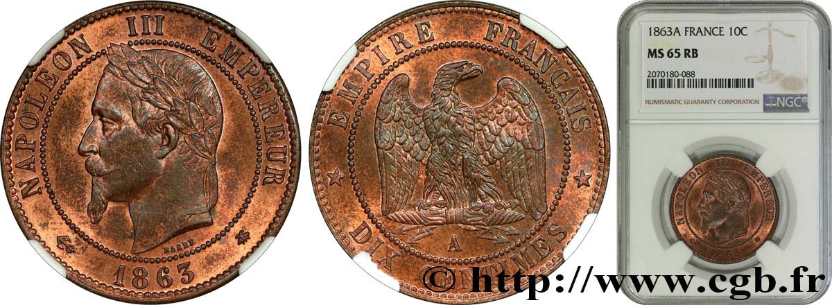 Dix centimes Napoléon III, tête laurée 1863 Paris F.134/10 FDC65 NGC