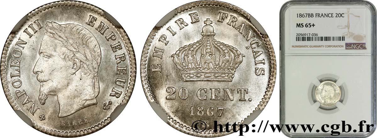 20 centimes Napoléon III, tête laurée, grand module 1867 Strasbourg F.150/2 FDC65 NGC