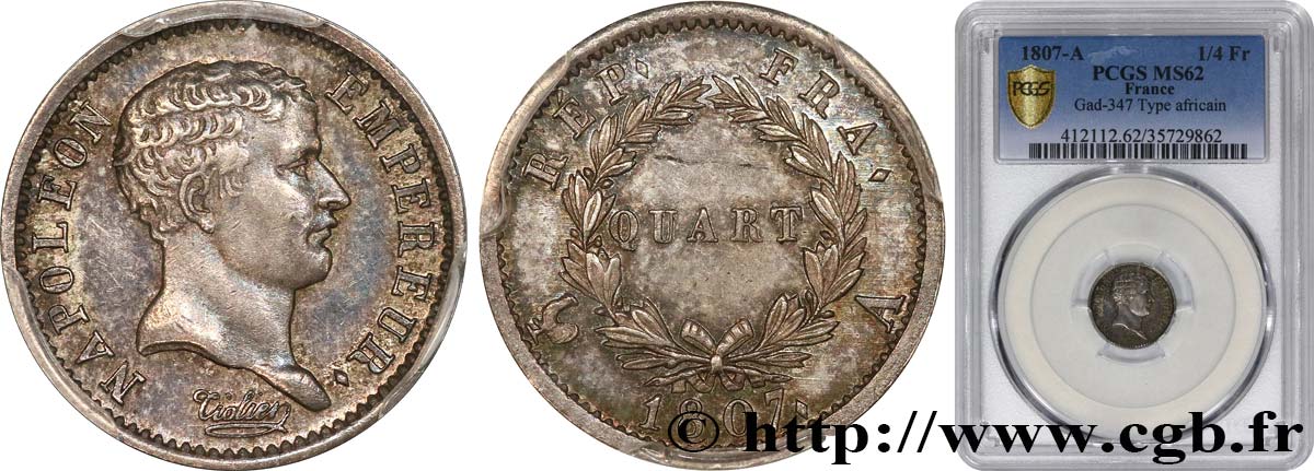 Quart (de franc) Napoléon Empereur, tête de nègre 1807 Paris F.160/1 MS62 PCGS