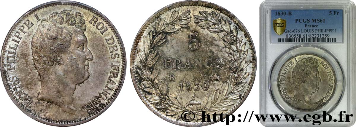 5 francs type Tiolier avec le I, tranche en creux 1830 Rouen F.315/2 MS61 PCGS