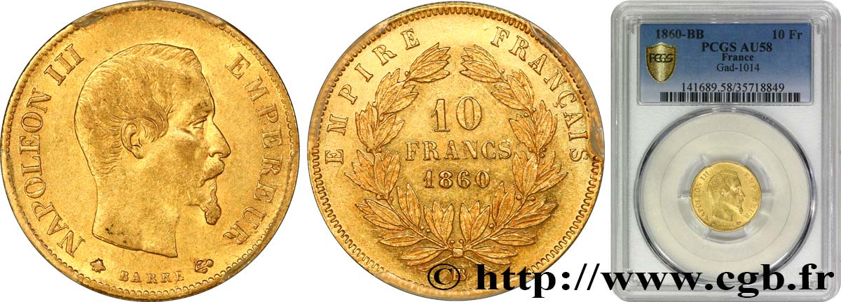 10 francs or Napoléon III, tête nue 1860 Strasbourg F.506/11 AU58 PCGS