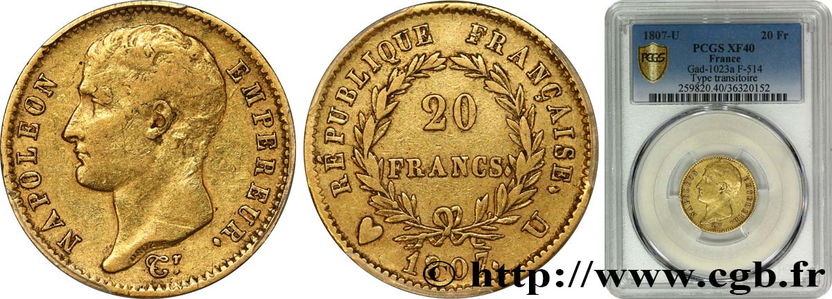 20 francs Napoléon tête nue, type transitoire 1807 Turin F.514/3 TTB40 PCGS