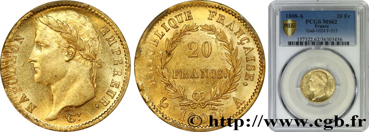 20 francs or Napoléon tête laurée, République française 1808 Paris F.515/2 EBC62 PCGS