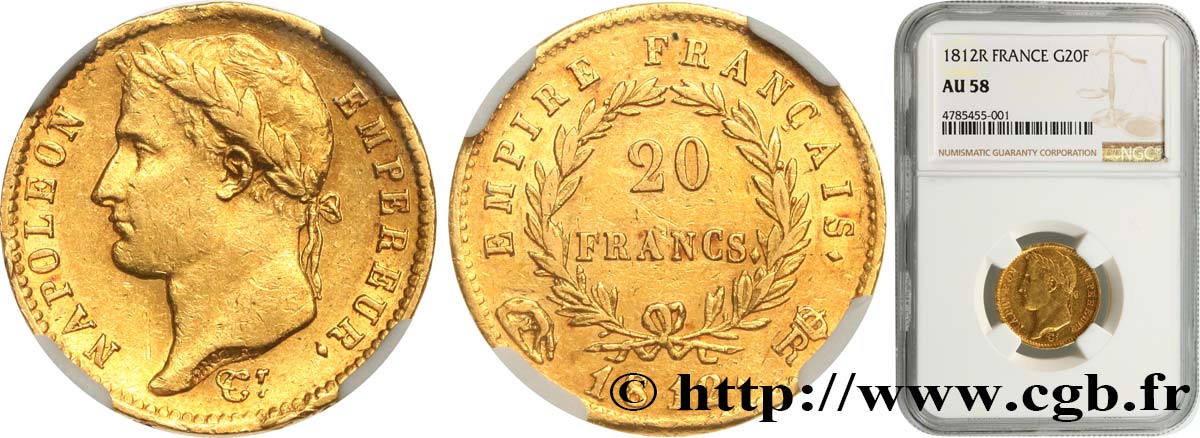 20 francs or Napoléon tête laurée, Empire français 1812 Rome F.516/27 AU58 NGC