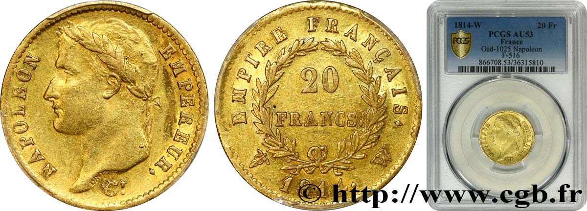 20 francs or Napoléon tête laurée, Empire français 1814 Lille F.516/42 SS53 PCGS