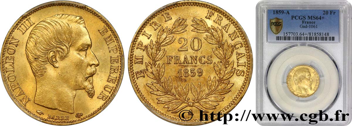 20 francs or Napoléon III, tête nue 1859 Paris F.531/15 fST64 PCGS
