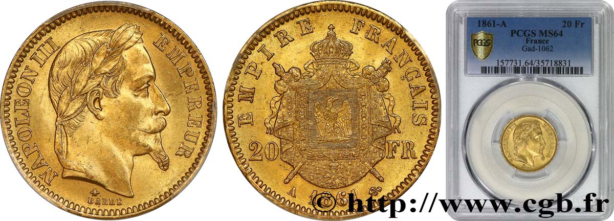 20 francs or Napoléon III, tête laurée 1861 Paris F.532/1 fST64 PCGS