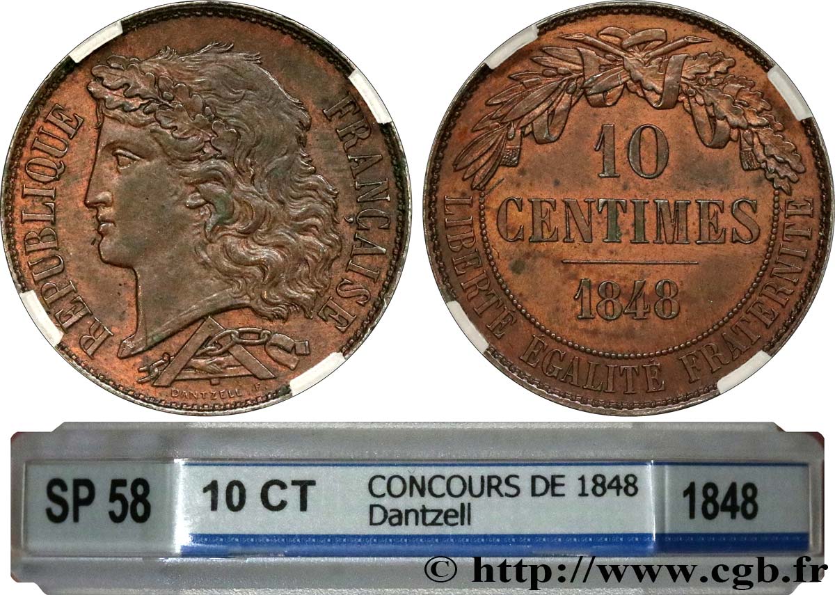 Concours de 10 centimes, essai en cuivre par Dantzell 1848 Paris VG.3135  AU58 GENI