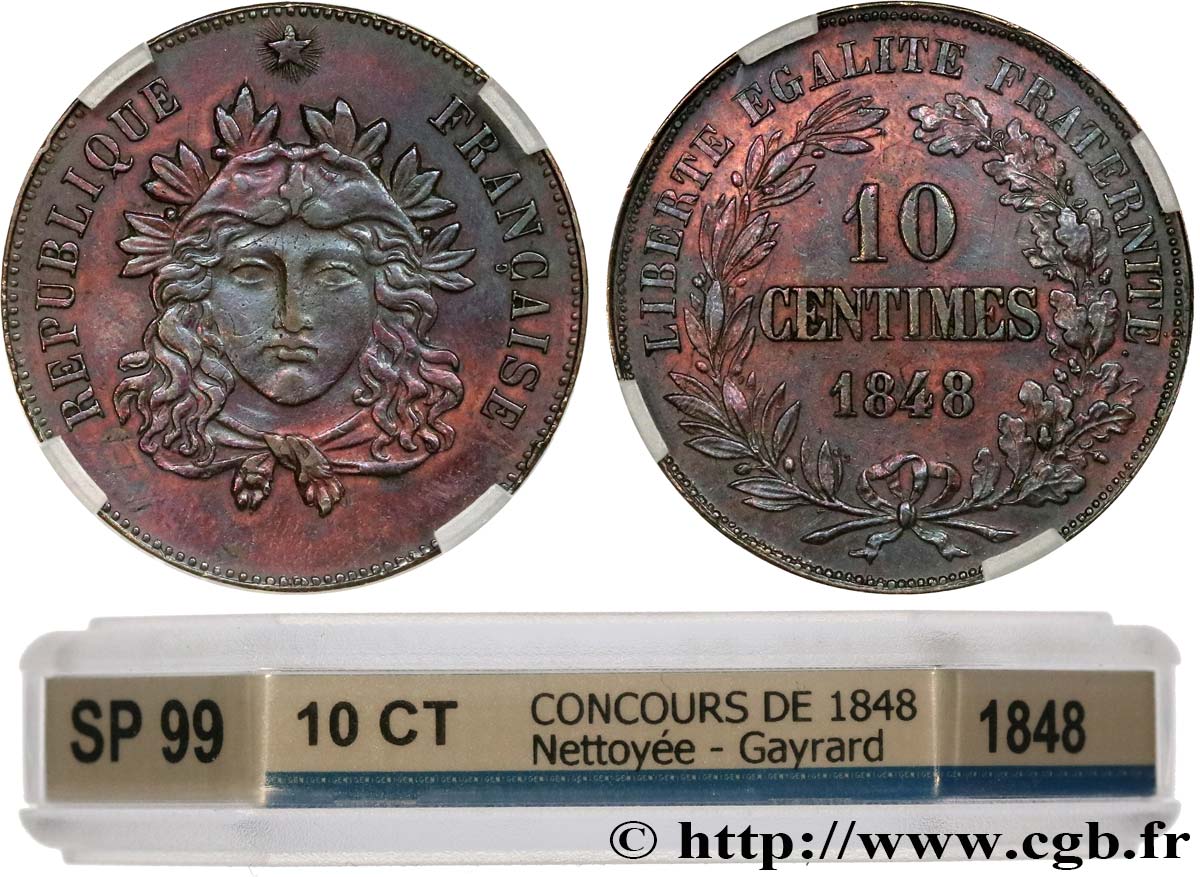 Concours de 10 centimes, essai en cuivre Gayrard, premier concours, troisième revers 1848 Paris VG.3141 var. MBC+ GENI