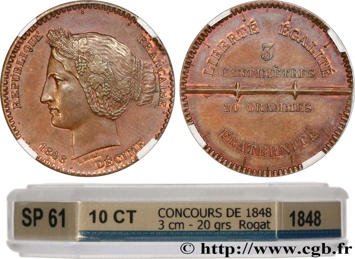 Concours du décime, essai en cuivre Rogat, premier concours 1848 Paris VG.3204  VZ61 GENI