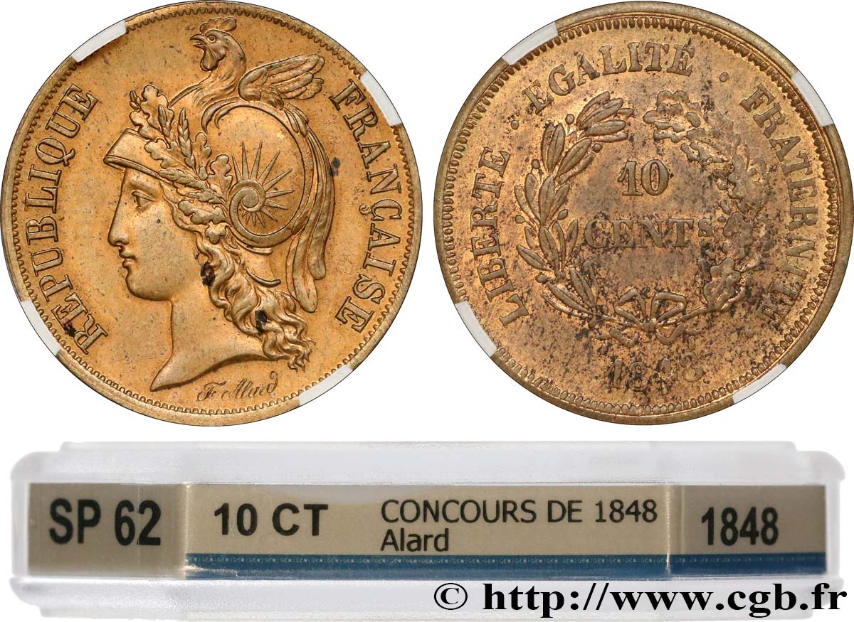 Concours de 10 centimes, essai en cuivre par Alard, troisième revers 1848 Paris VG.3130  SUP62 GENI