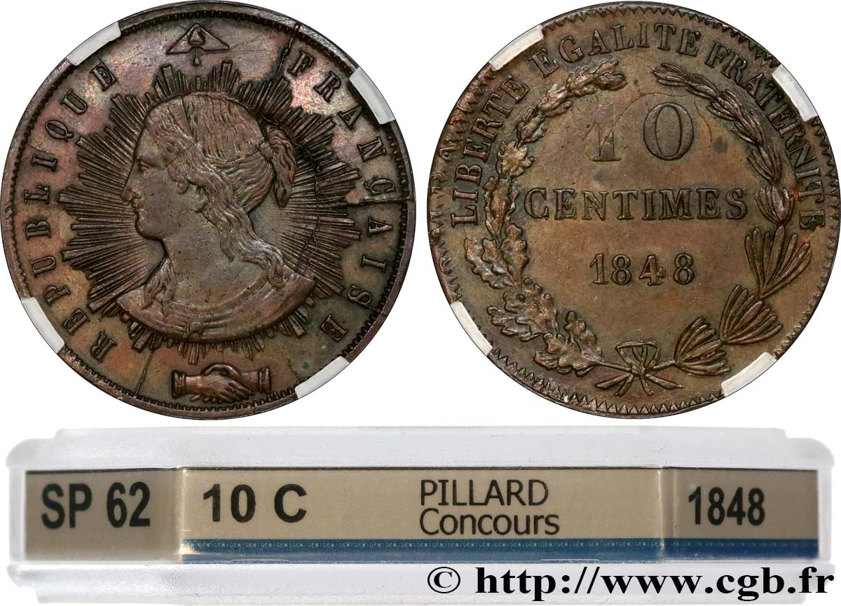 Concours de 10 centimes, essai en cuivre par Pillard, quatrième revers 1848 Paris VG.3185 var. MS62 GENI