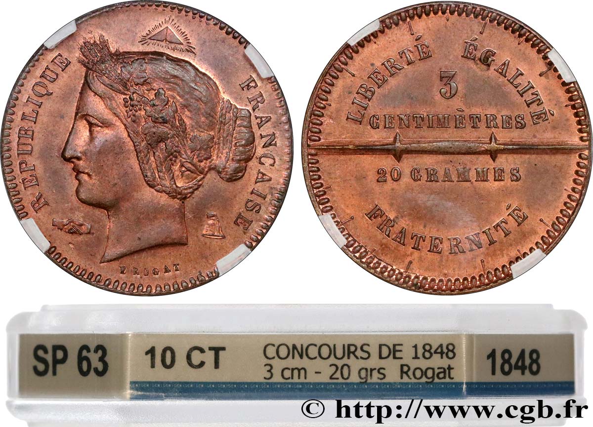 Concours de 10 centimes, essai en cuivre par Rogat, premier concours, cinquième revers 1848 Paris VG.3204  SC63 GENI