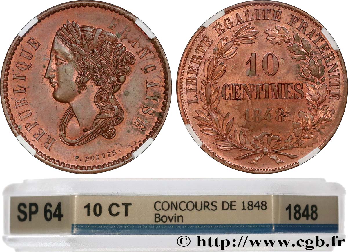 Concours de 10 centimes, essai en cuivre par Boivin, premier revers 1848 Paris VG.3133  MS64 GENI
