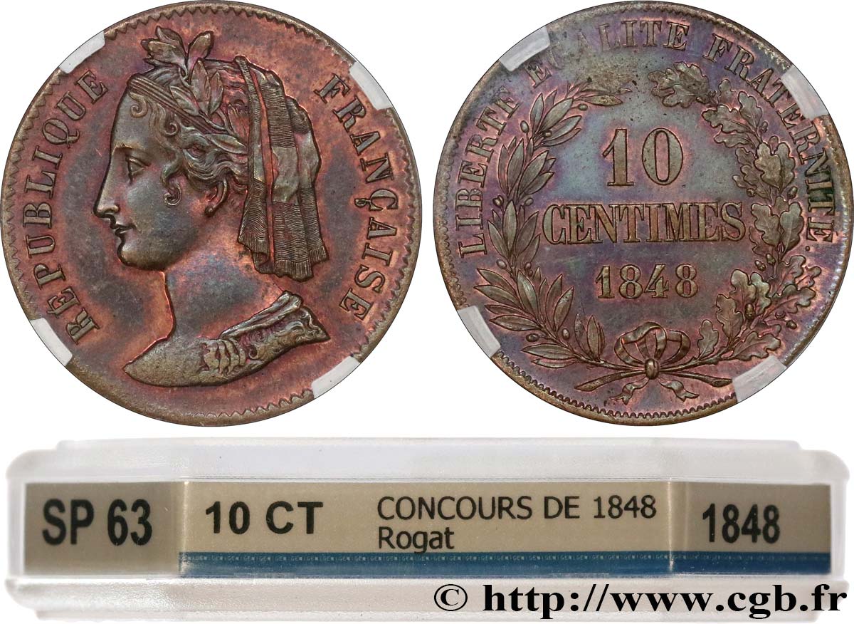Concours de 10 centimes, essai en cuivre par Rogat, troisième concours, premier revers 1848 Paris VG.3188  MS63 GENI