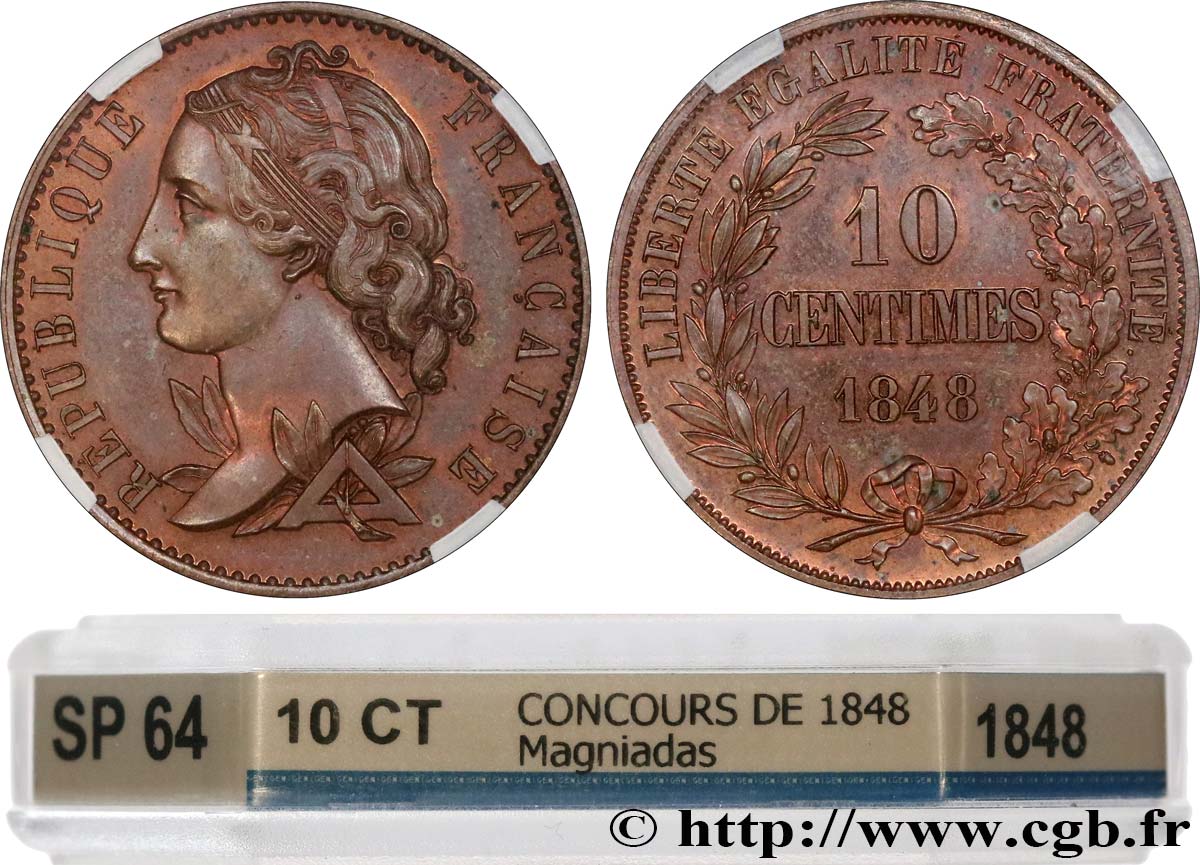 Concours de 10 centimes, essai en cuivre par Magniadas, premier revers 1848 Paris VG.3143  SPL64 GENI