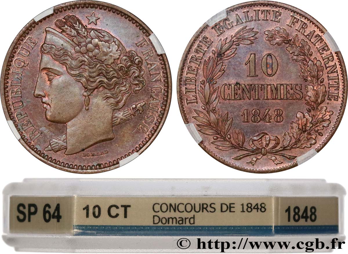 Concours de 10 centimes, essai en cuivre par Domard, premier avers, premier revers 1848 Paris VG.3138 var. SPL64 GENI
