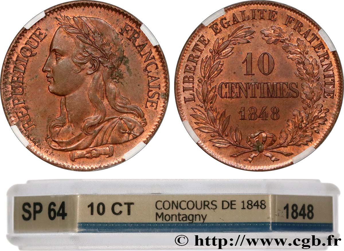 Concours de 10 centimes, essai en cuivre par Montagny, premier revers 1848 Paris VG.3147  SC64 GENI