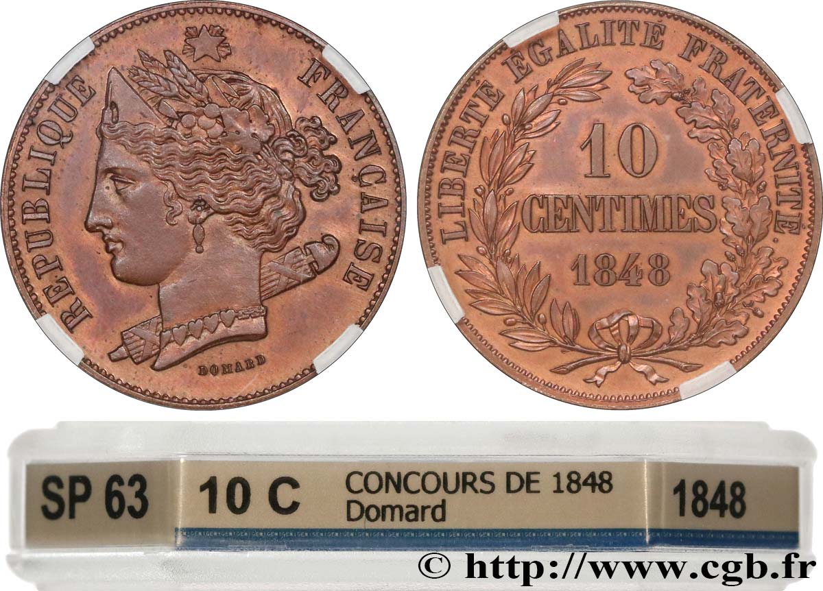 Concours de 10 centimes, essai en cuivre par Domard, second avers, premier revers 1848 Paris VG.3138  MS63 GENI