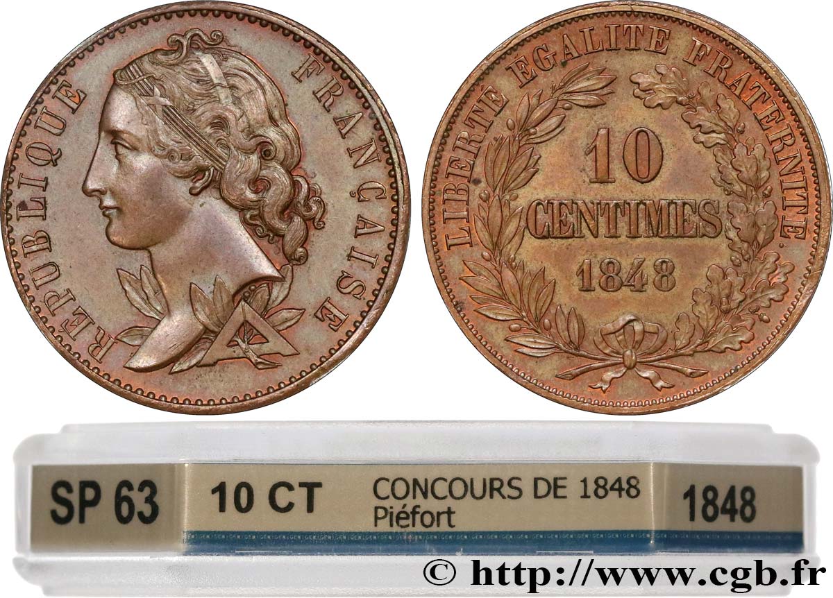 Concours de 10 centimes, piéfort au quadruple,essai en cuivre par Magniadas, premier revers 1848 Paris VG.3165 P SPL63 GENI