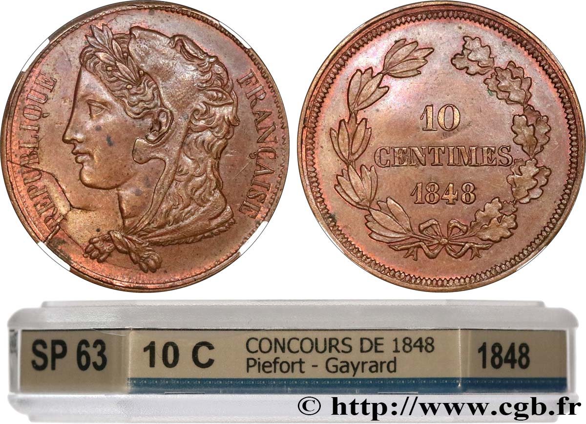 Concours de 10 centimes, piéfort de Gayrard, deuxième concours 1848 Paris VG.3142 var. MS63 GENI