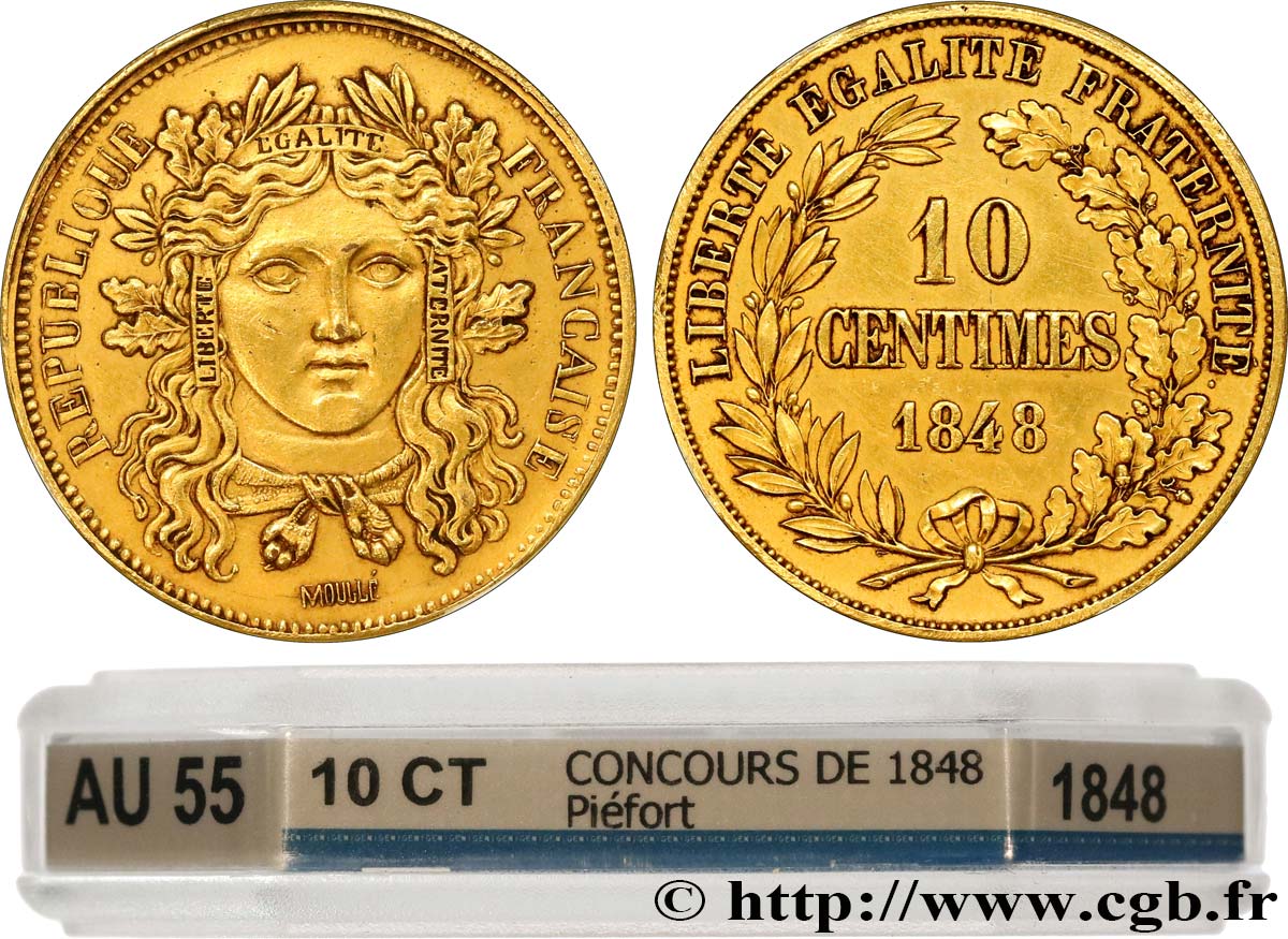 Concours de 10 centimes, piéfort quadruple de Moullé, tranche inscrite, en cuivre doré 1848  VG.3168 var. mét. EBC55 GENI