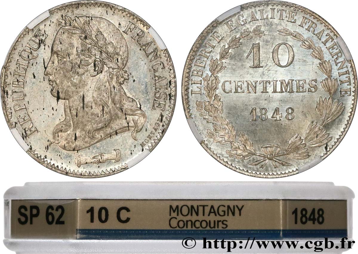 Concours de 10 centimes, essai en étain par Montagny, deuxième revers, effigie au col nu 1848 Paris VG.3147 var. MS62 GENI