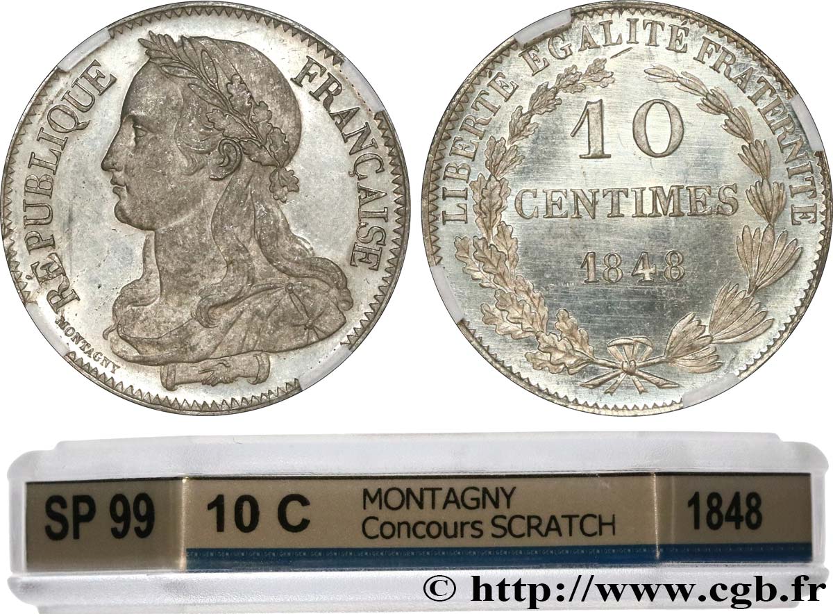 Concours de 10 centimes, essai en étain par Montagny, deuxième revers 1848 Paris VG.3147 var. AU GENI