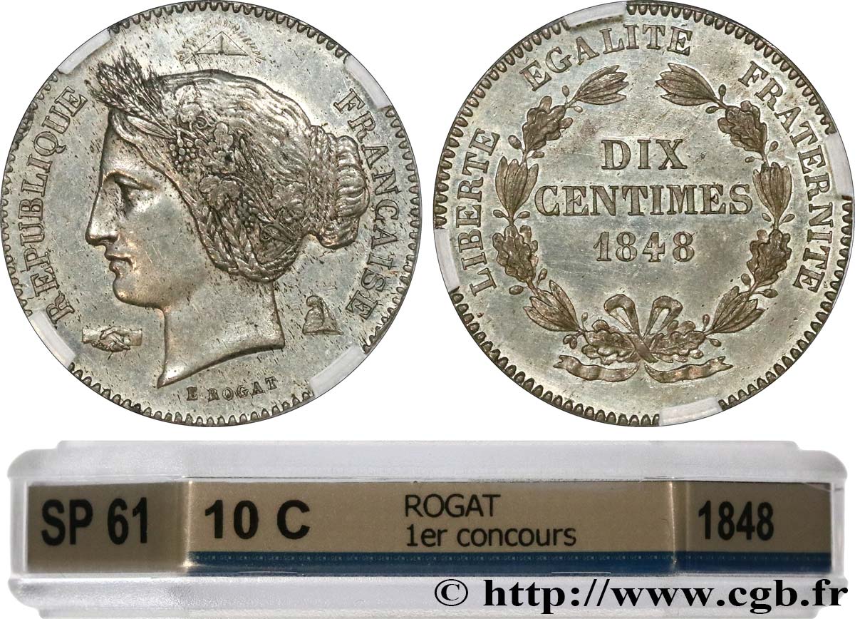 Concours de 10 centimes, essai en étain par Rogat, premier concours, deuxième revers 1848 Paris VG.3152 var. VZ61 GENI
