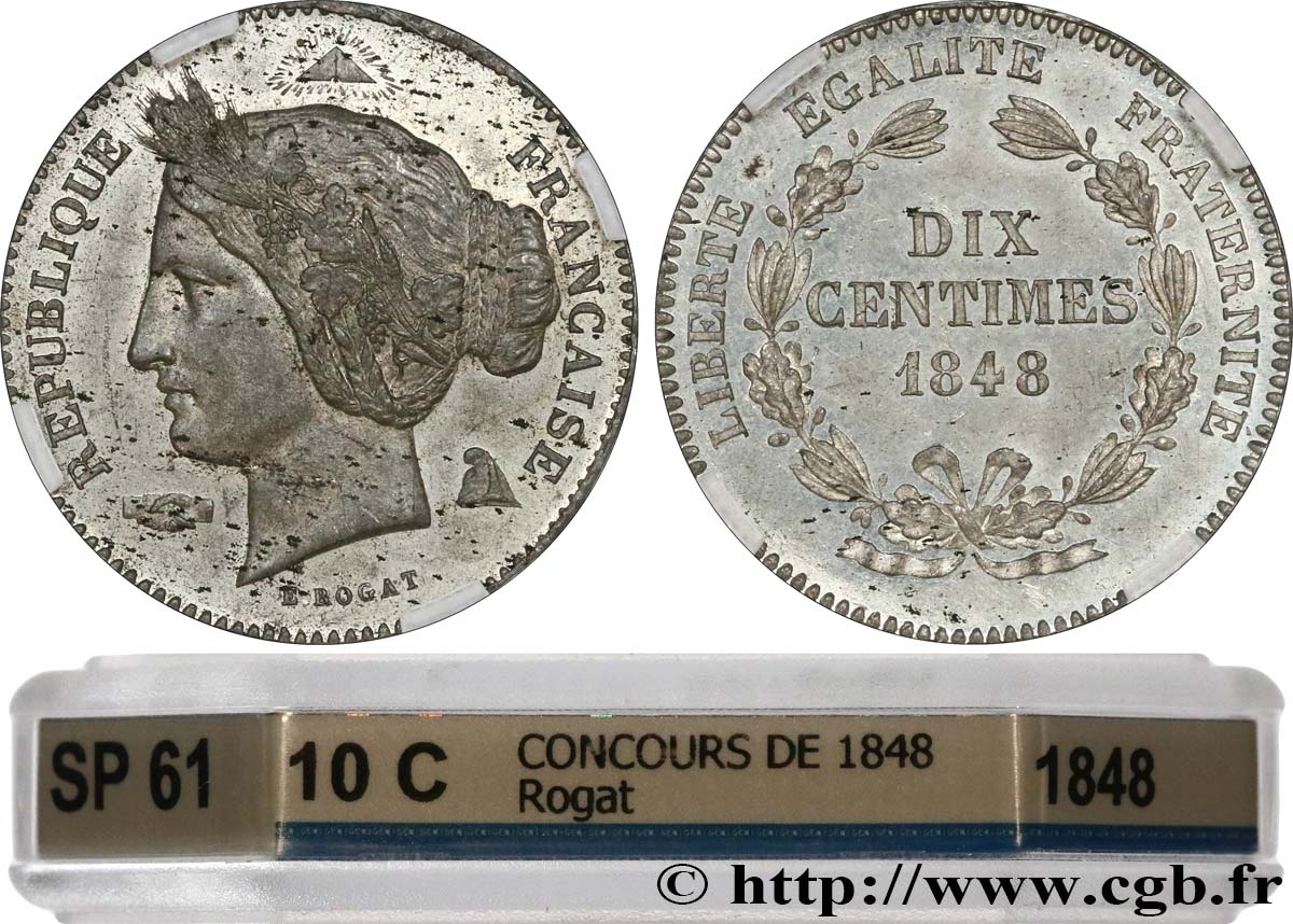 Concours de 10 centimes, essai en étain par Rogat, premier concours, deuxième revers 1848 Paris VG.3152 var. SUP61 GENI