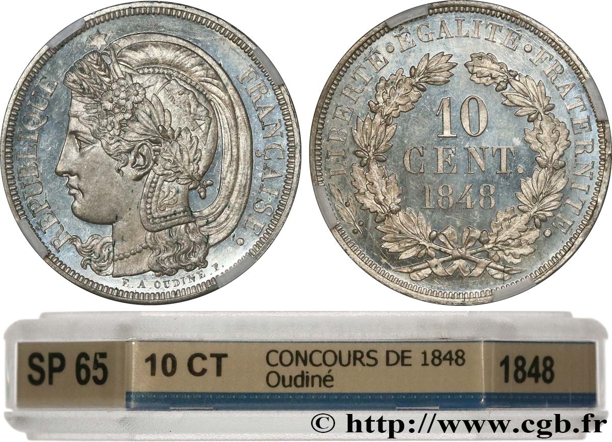 Concours de 10 centimes, essai en étain par Oudiné 1848 Paris VG.3149 var. de métal ST65 GENI