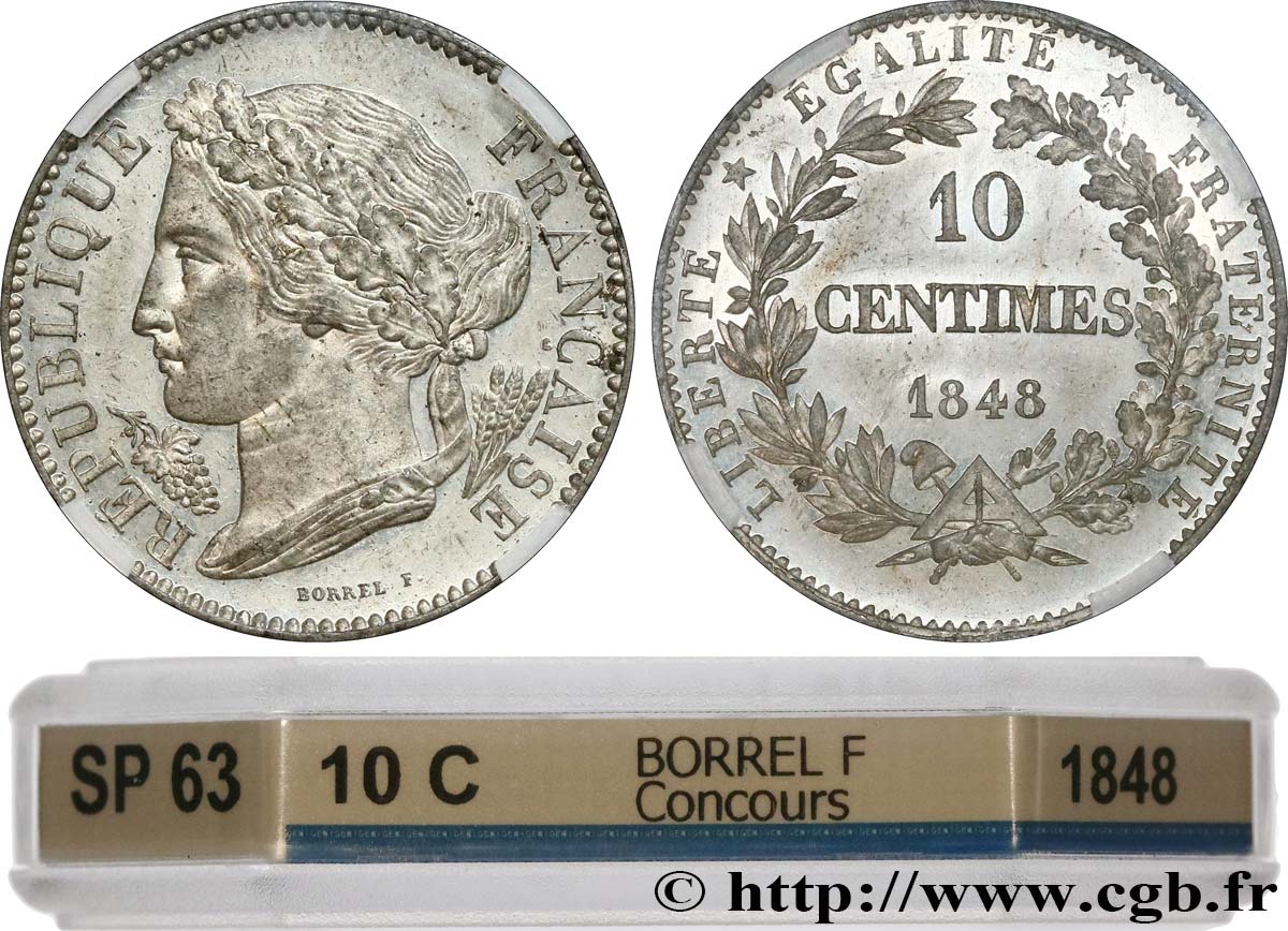 Concours de 10 centimes, essai en étain par Borrel 1848 Paris VG.3134 var MS63 GENI