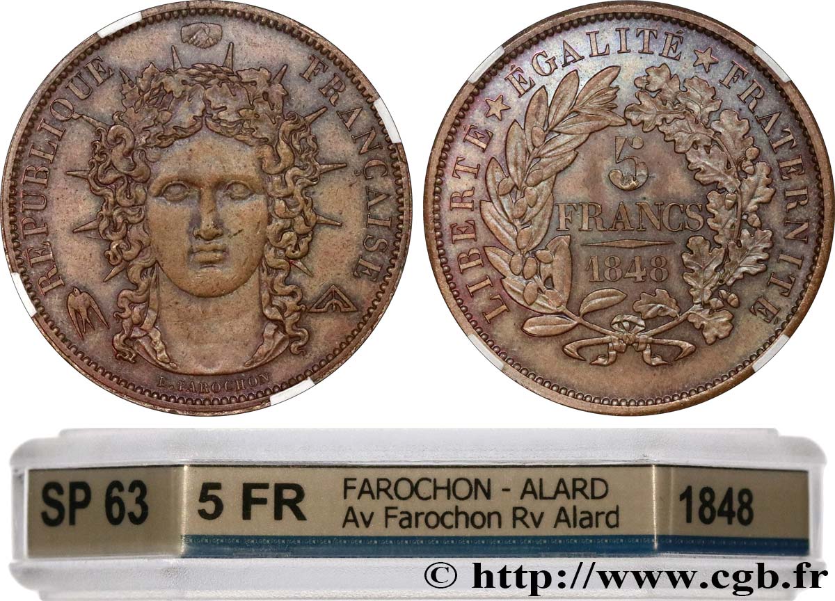 Concours de 5 francs, essai en cuivre par Farochon, deuxième concours 1848 Paris VG.3073 var. mét. SPL63 GENI