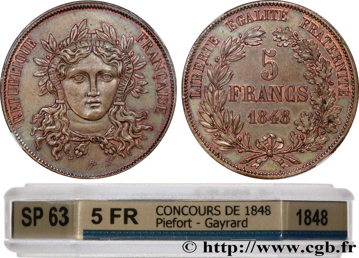 Concours de 5 francs, piéfort en cuivre au double de Gayrard, tranche inscrite 1848 Paris VG.3078 var. MS63 GENI