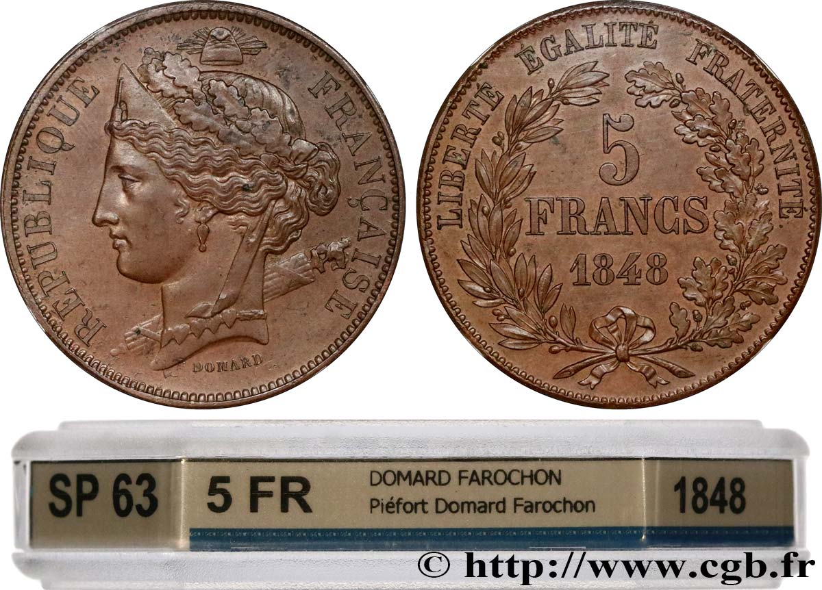 Concours de 5 francs, piéfort en cuivre au double du poids de Domard 1848 Paris VG.3070 var. MS63 GENI