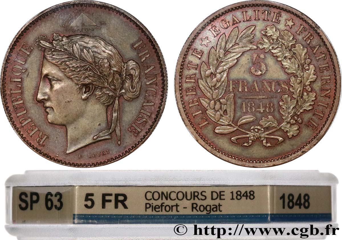 Concours de 5 francs, piéfort en cuivre de Rogat 1848  VG.3091 var SC63 GENI