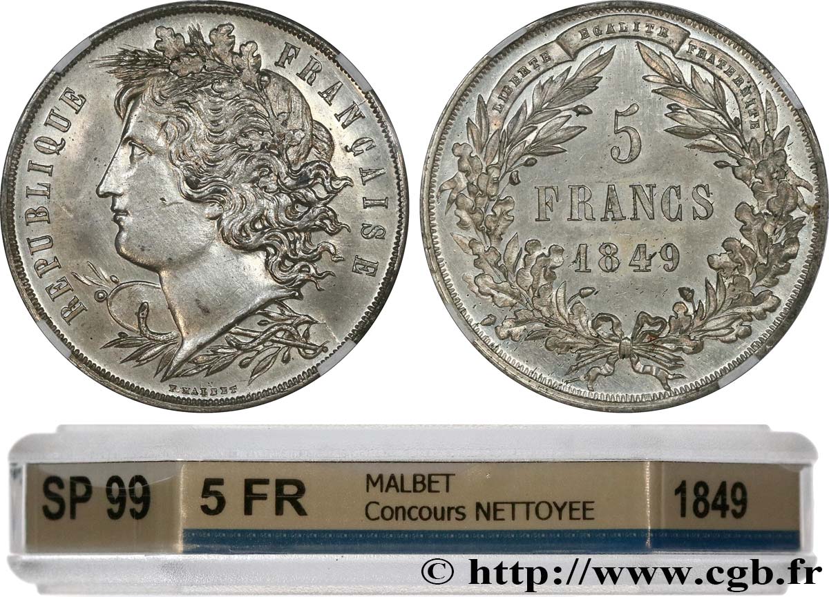 Concours de 5 francs, essai en étain par Malbet 1849 Paris VG.3083 var. SPL GENI