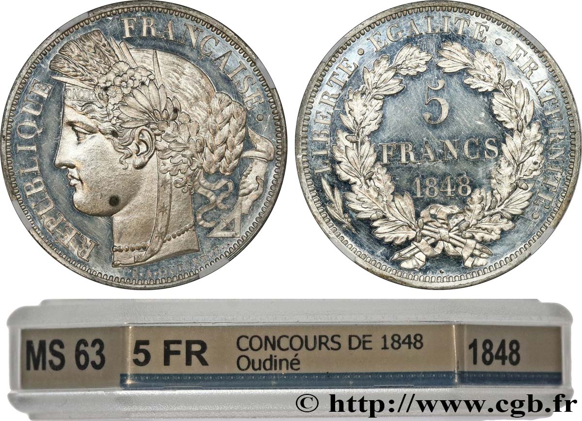 Concours de 5 francs, essai en étain par Oudiné 1848 Paris VG.3089 var. fST63 GENI