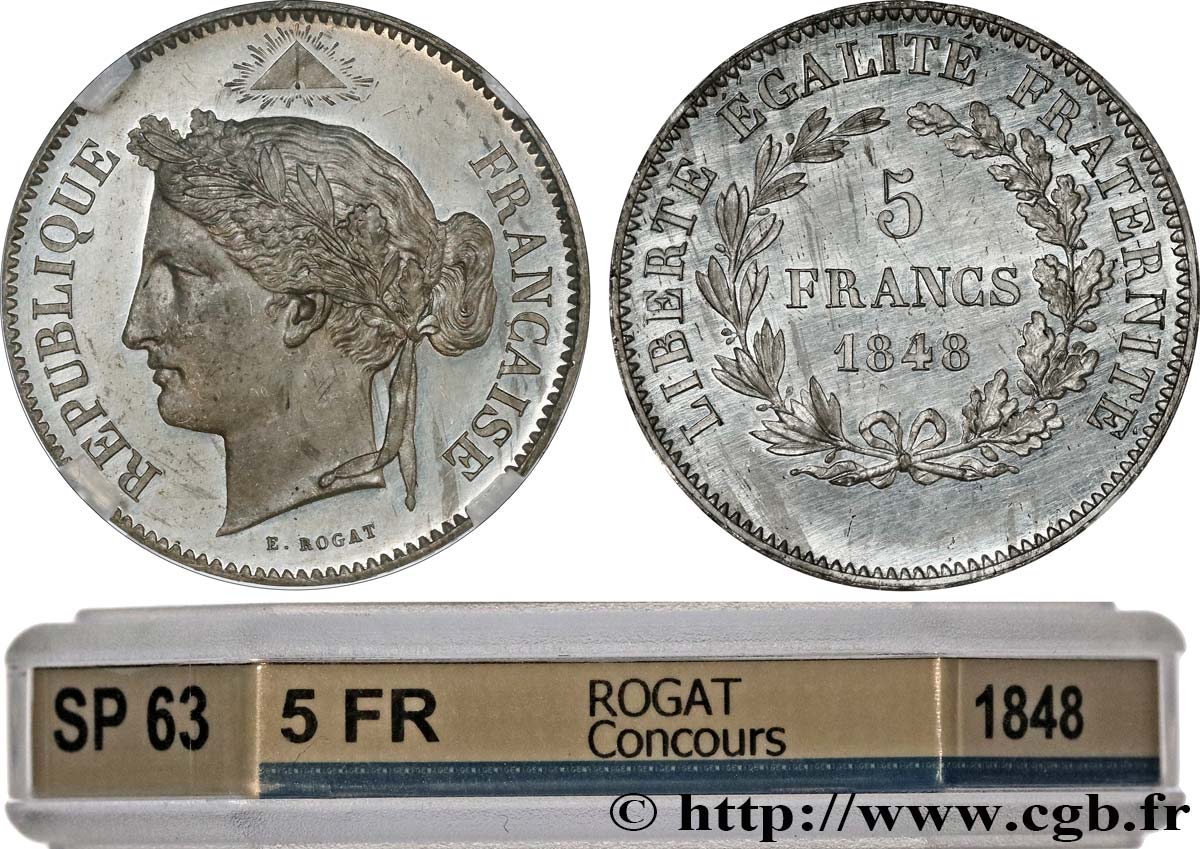 Concours de 5 francs, essai en étain par Rogat 1848 Paris VG.3091 var. MS63 GENI